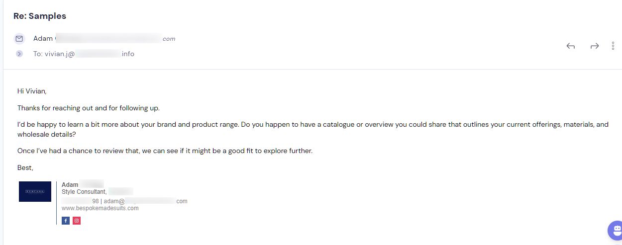 Campaign reply from retailer - retailer sample request 1 of 6